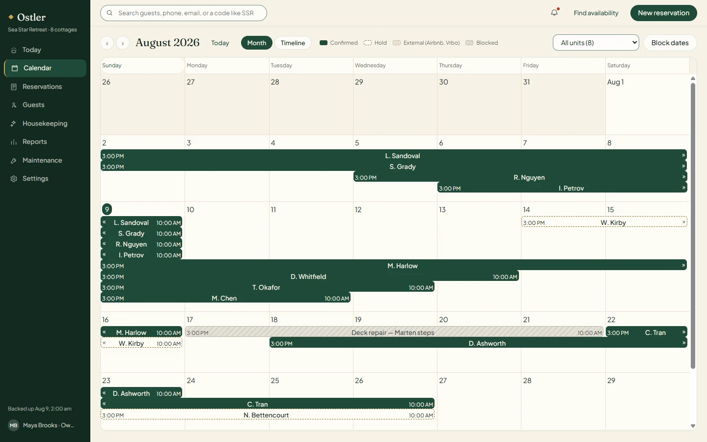 The reservations calendar with multi-cottage bookings and blocked dates.